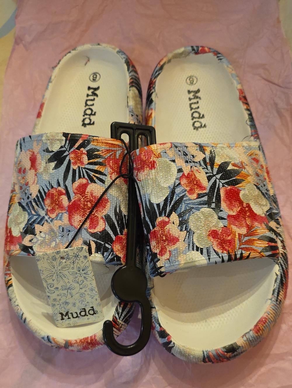Mudd Tropical Floral Slide Sandals in Blue, Red and Cream